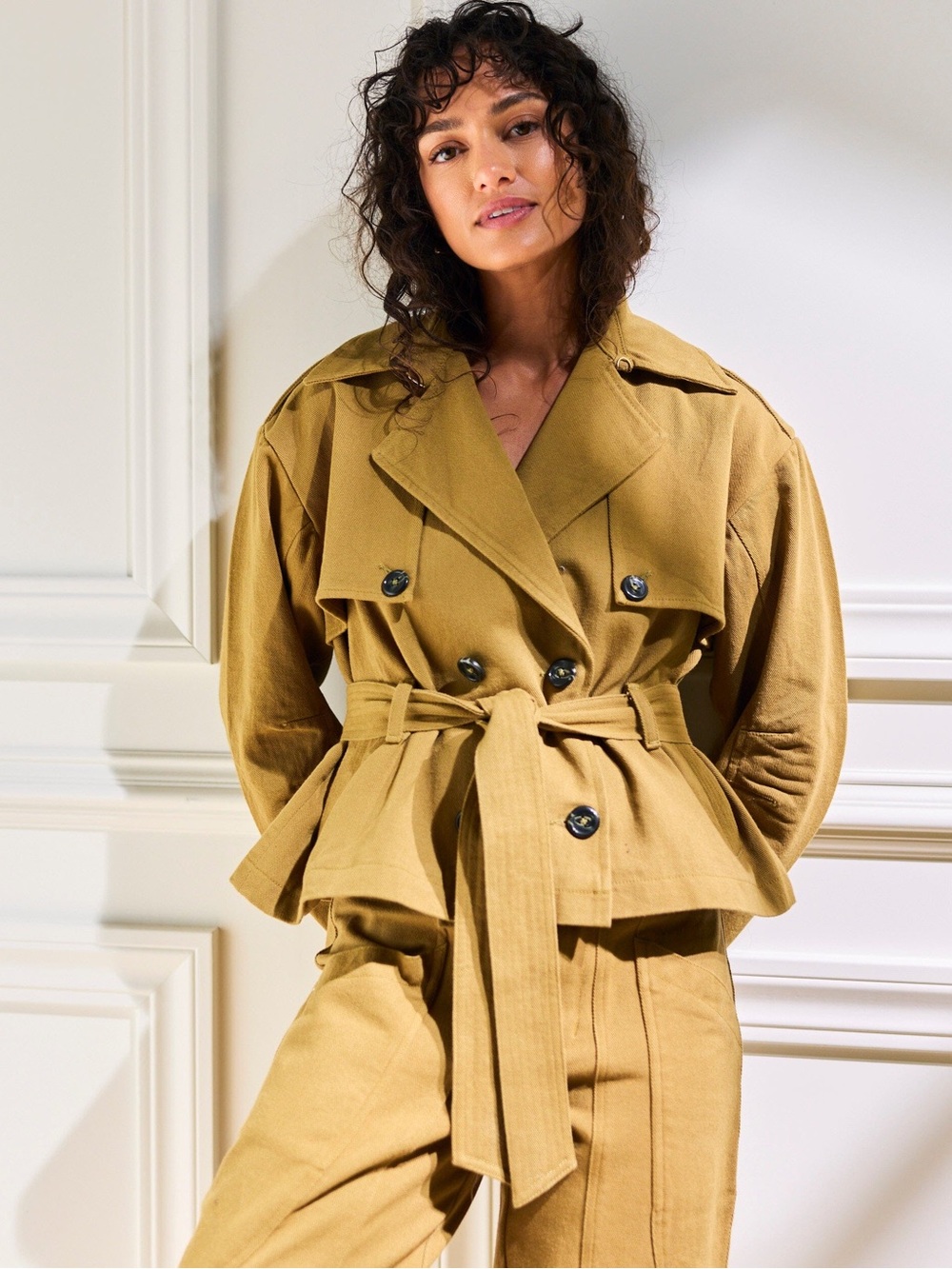 Cleobella Double-Breasted Belted Trench in Warm Tan